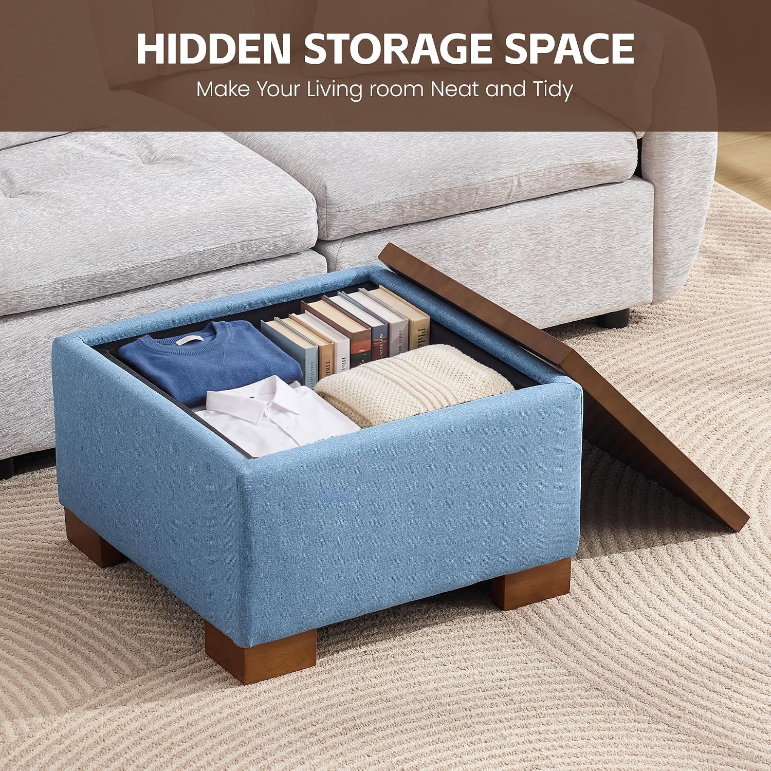WUTUTUEE 24' Square Ottoman Coffee Table with Storage, Fabric Ottomans with Tray and Solid Wood Legs for Living Room, Bedroom and Apartments, Small Modern Ottoman Tea Table with Lift-Off Lid, Blue