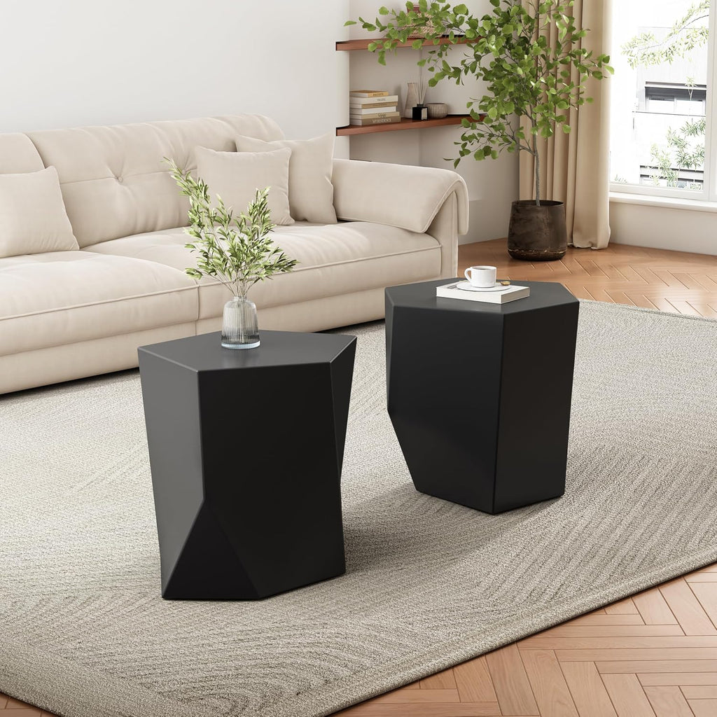 Merax Modern Mgo Coffee Table Set, 2 Piece Geometric Side Table Includes 1 Pentagon-Topped Table & 1 Hexagon-Topped Table for Living Room Office, Black