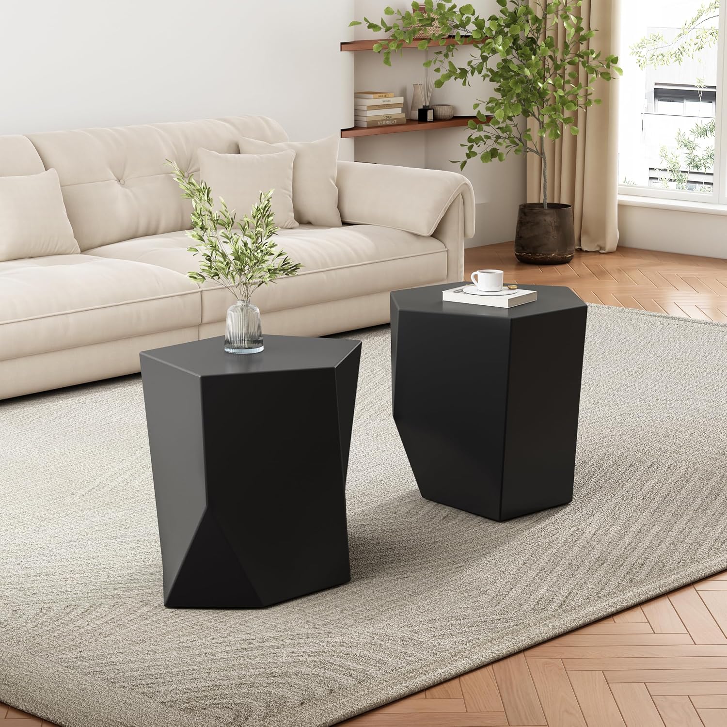 Merax Modern Mgo Coffee Table Set, 2 Piece Geometric Side Table Includes 1 Pentagon-Topped Table & 1 Hexagon-Topped Table for Living Room Office, Black