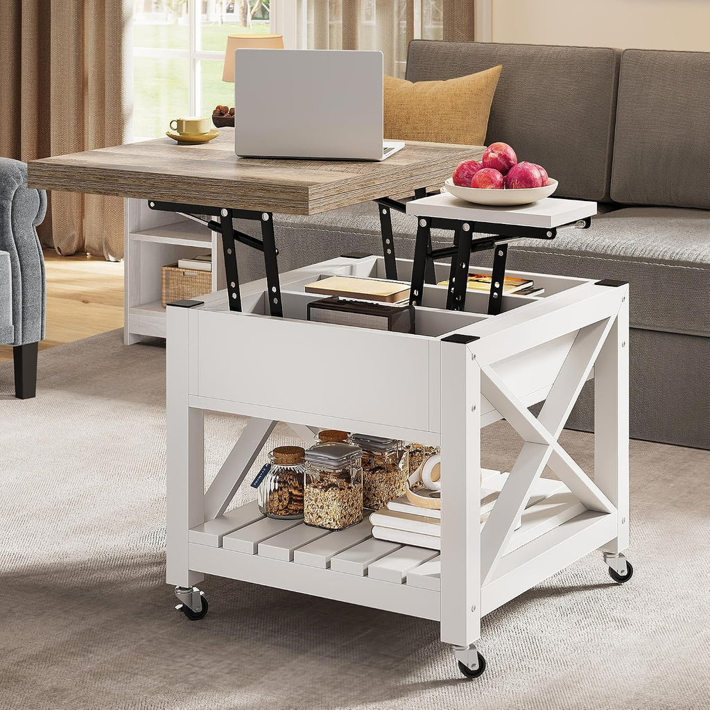 YITAHOME Lift Top Coffee Table with Wheels, Farmhouse Square Coffee Tables for Living Room, 2 Tier Small Coffee Table with Storage Compartment Rustic Wood Cocktail Table Dining Table, Grey Wash
