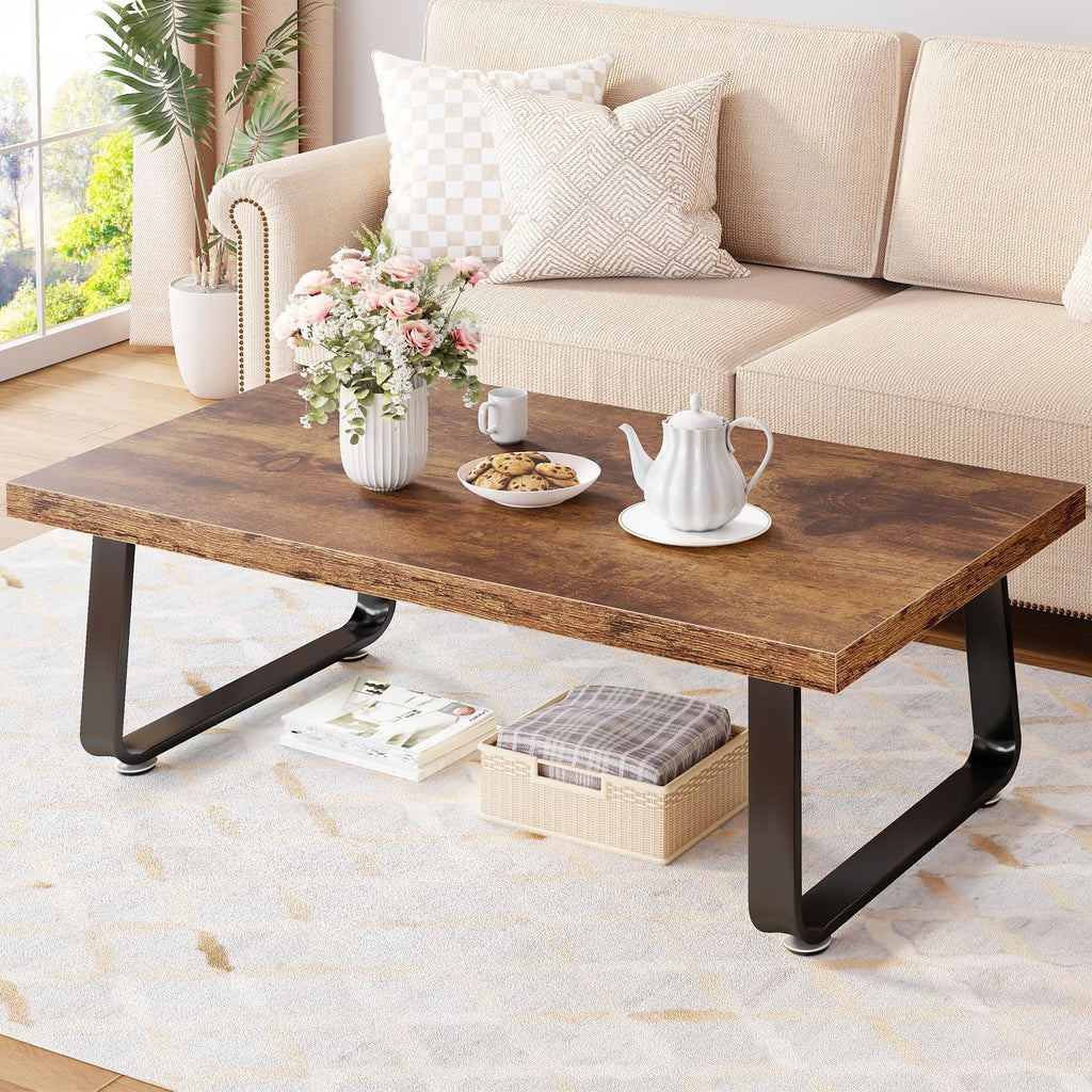 HSH Rustic Coffee Table, Industrial Wood and Metal Center Table, Farmhouse Minimalist Oak Coffee Table for Living Room, Modern Rectangular Wooden Tea&Coffee Table for Bedroom Home, Rustic Brown, 39 In