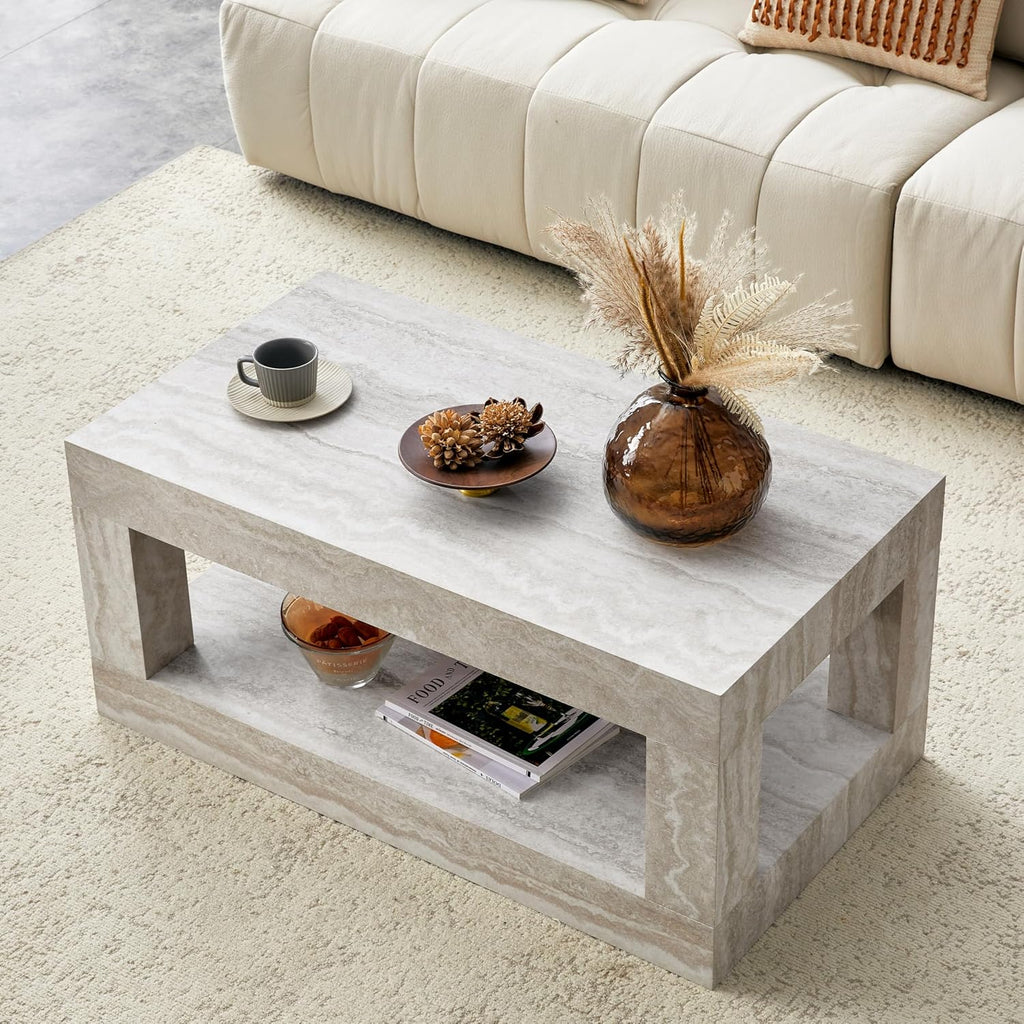 LKTART 39.37' Faux Travertine Stone Coffee Table with Storage, 2-Tier Mid Century Rectangular Accent Table with Thick Tabletop, Rustic Style Cocktail, Center Table for Living Room, Office(Beige)