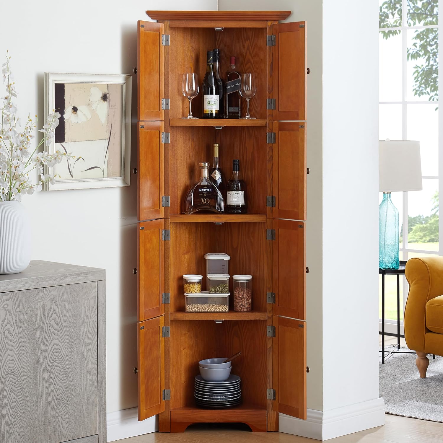 Tall Corner Bookcase Storage Cabinet with Doors and 4 Shelves, Freestanding Triangle Cabinet for Living Room, Kitchen, Office, Small Space, Floor Corner Storage Rack (Oak2)