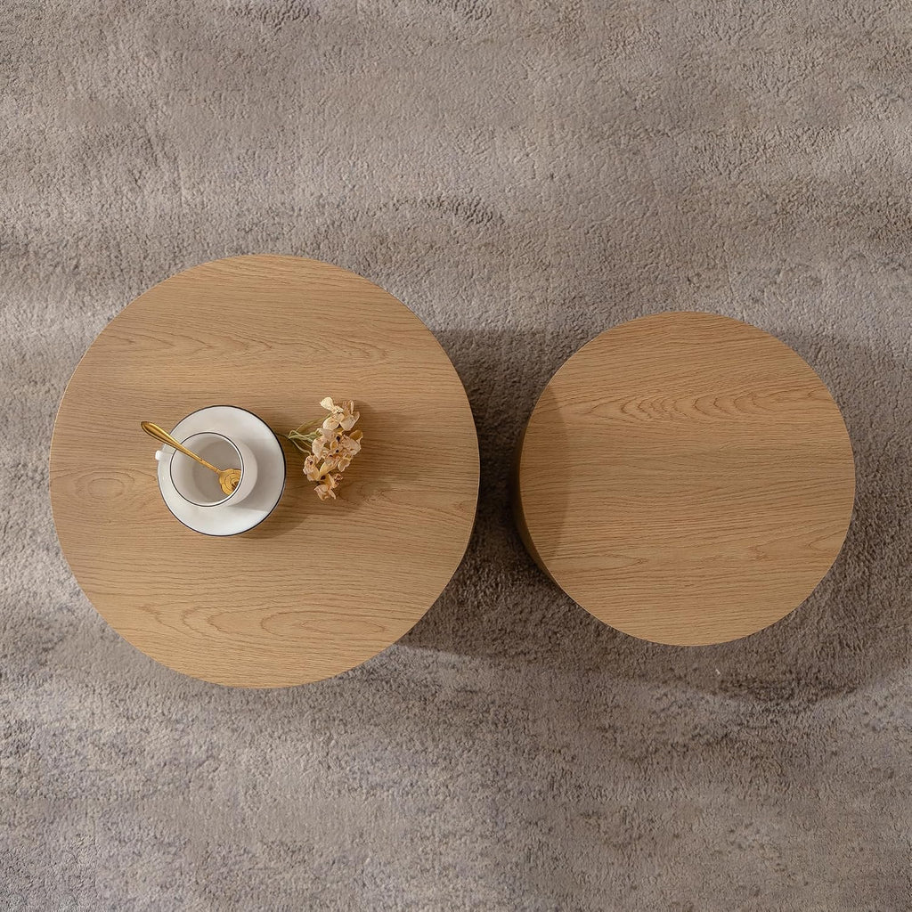 GDFStudio Round Nesting Coffee Table Set of 2, Modern Wooden Accent Side Table, Space Saving Small Circular Tea Coffee Tables and End Tables Sets for Living Room Small Space, No Assembly, Natural Wood