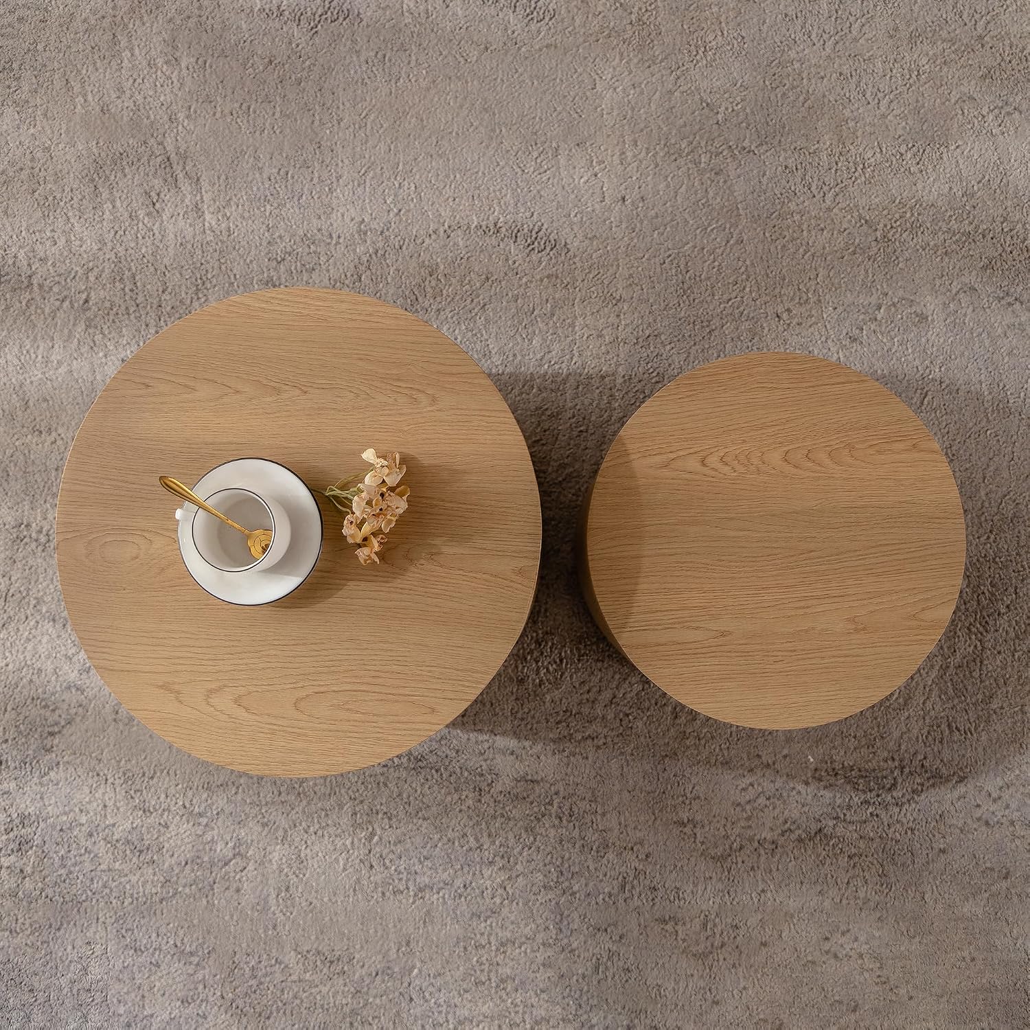 GDFStudio Round Nesting Coffee Table Set of 2, Modern Wooden Accent Side Table, Space Saving Small Circular Tea Coffee Tables and End Tables Sets for Living Room Small Space, No Assembly, Natural Wood