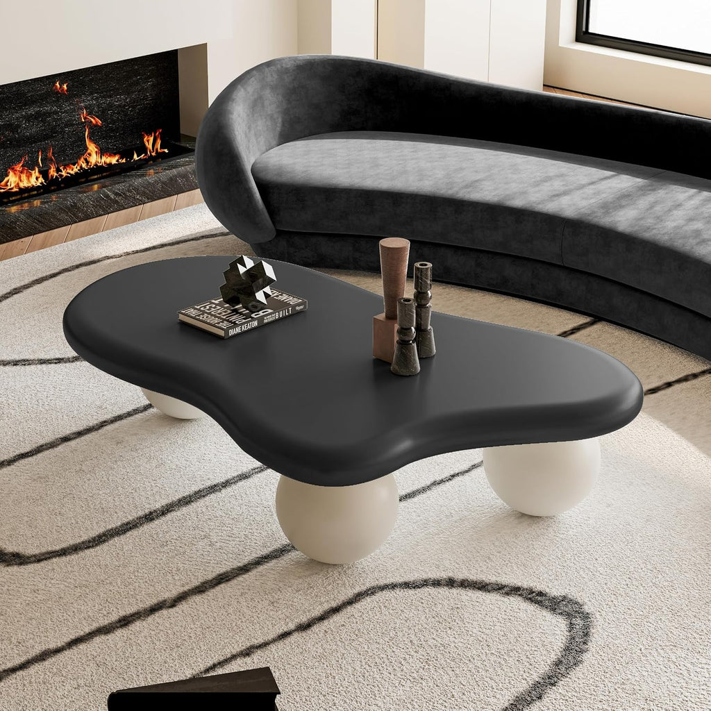 47' Cloud Coffee Table,Modern Cute End Table with Ball Legs,Small Round Edge Tea Table,Irregular Indoor Wood Coffee Table for Living Room, Bedroom, Small Space,Balcony,Patio Black+Cream White