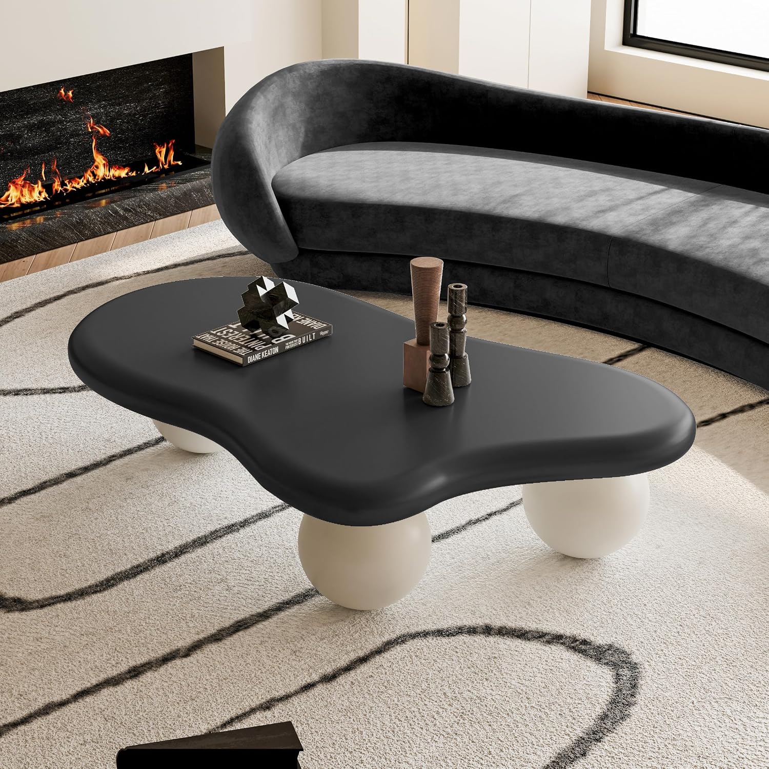 47' Cloud Coffee Table,Modern Cute End Table with Ball Legs,Small Round Edge Tea Table,Irregular Indoor Wood Coffee Table for Living Room, Bedroom, Small Space,Balcony,Patio Black+Cream White