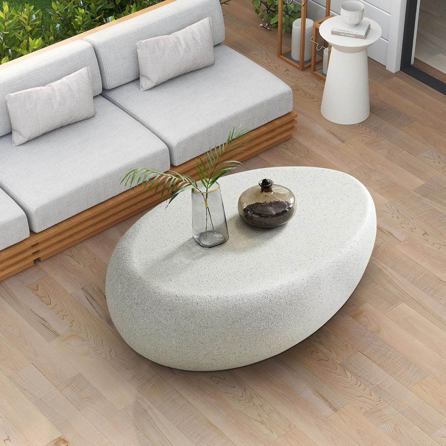 Oval Coffee Table, 43.3' Fiberglass Imitation Rocks, Vintage Matte Center Tables Irregular Side Table Accent End Table for Living Room, No Need Assembly