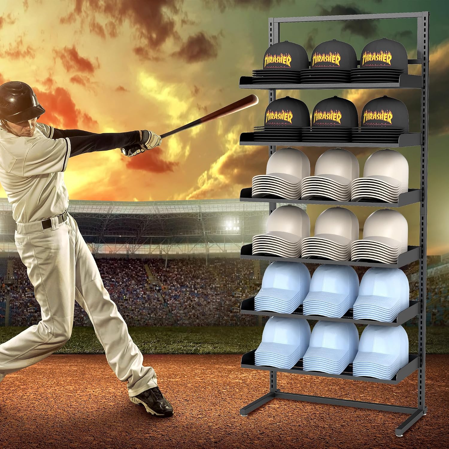 6 Tier Large Hat Rack Stand, Adjustable Baseball Cap Storage Rack with 6 Trays, Can Hold 180 Hats, Suitable for Home Cloakroom and Shopping Mall Display