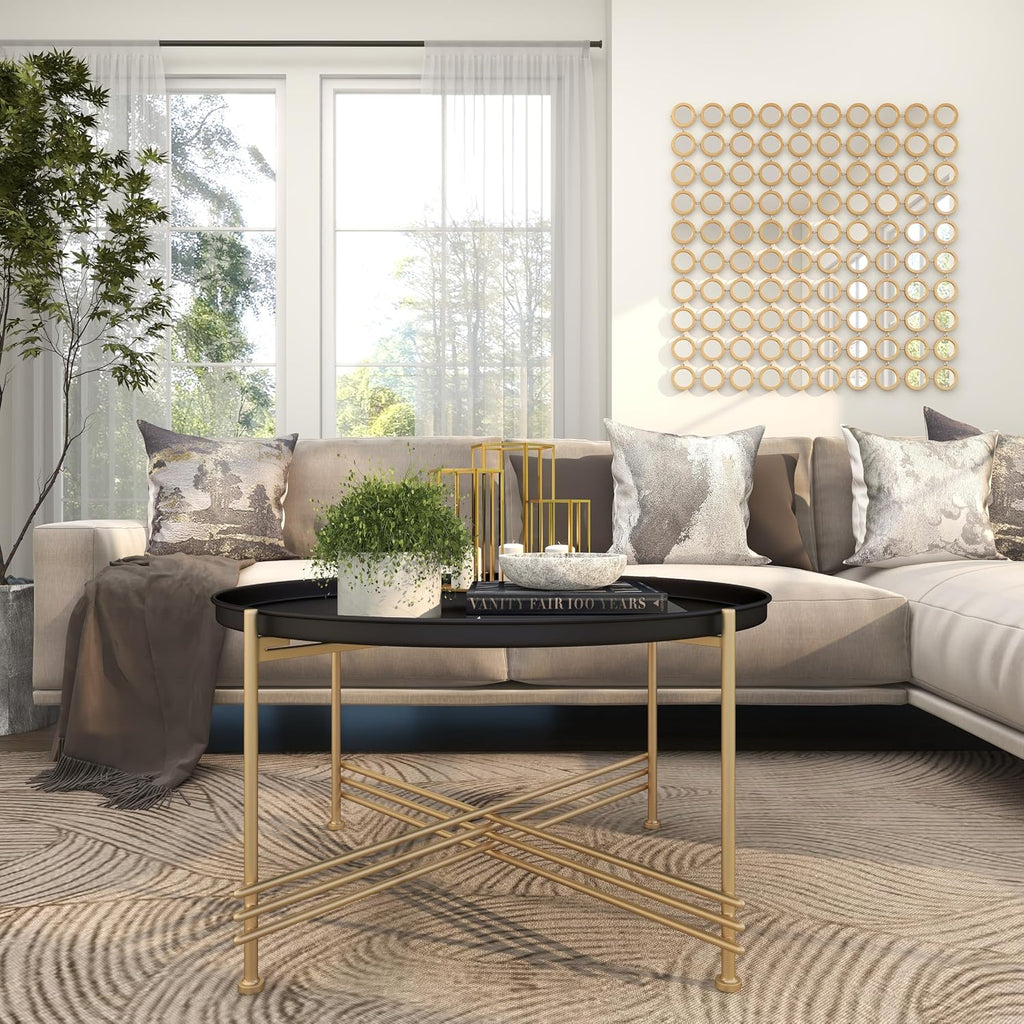 Deco 79 Metal Living Room Coffee Table Tray Top Table with Gold X-Shaped Base, Center Table 33' x 33' x 19', Black