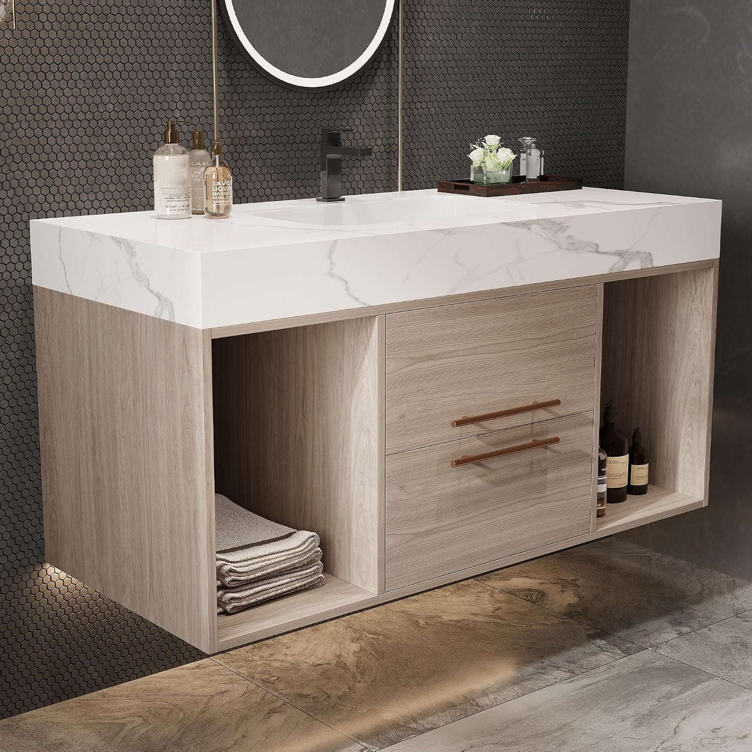 39.4' Bathroom Vanity with Oval Ceramic Sink, Floating Vanity Bathroom Sink Cabinet Wall Mount, Soft-Close Function 2 Large Hidden Drawers & Shelf
