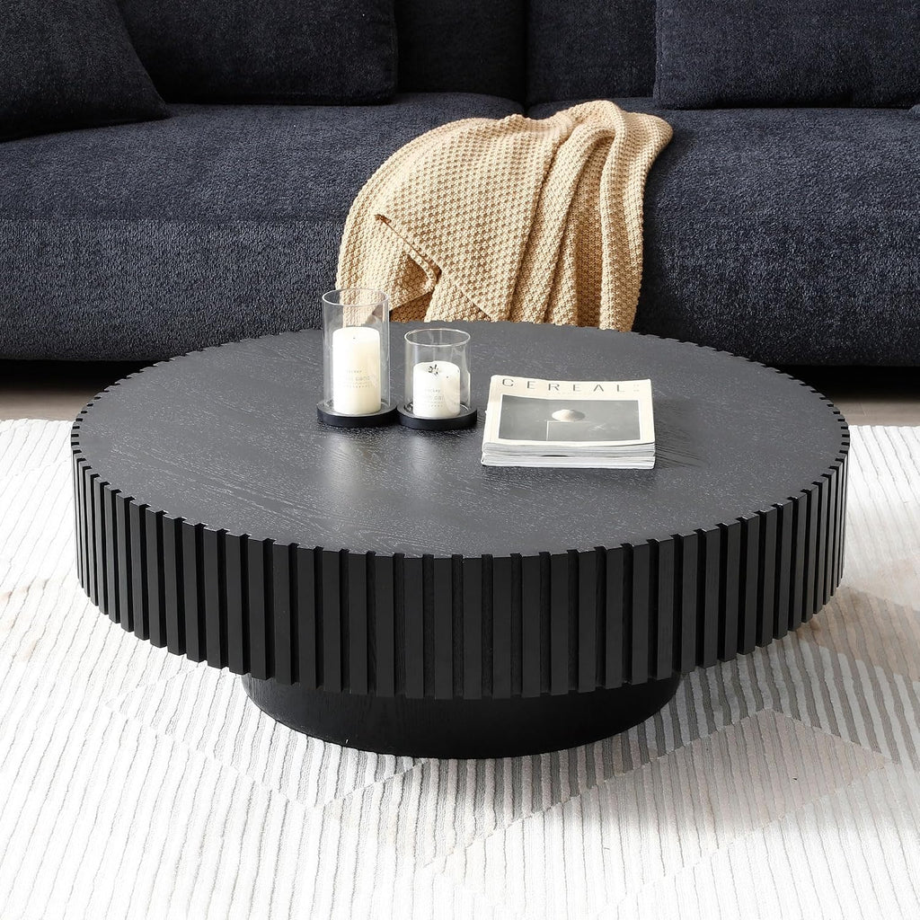 JUSTONE 39.4' Black Round Coffee Table for Living Room - Modern Farmhouse Walnut Drum Center Table with Artisanal Carved Detailing, No Assembly(39.4' Diameter x 13.4' Height)