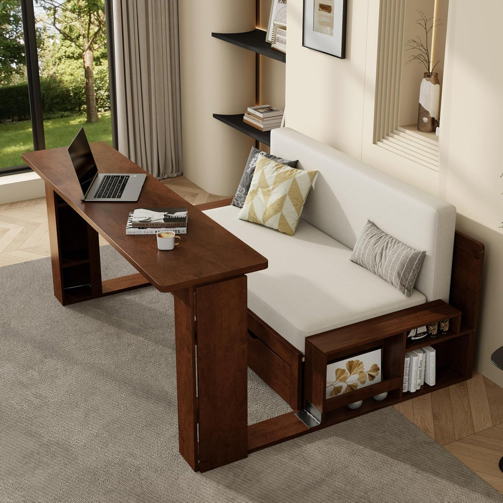 Wood Daybed Full Size with Removable Desk and Extendable Armrests, 4-in-1 Multifunctional Design Daybed Sofa Bed with Storage Drawers & Hydraulic Side Table (Espresso-11.27, Full)