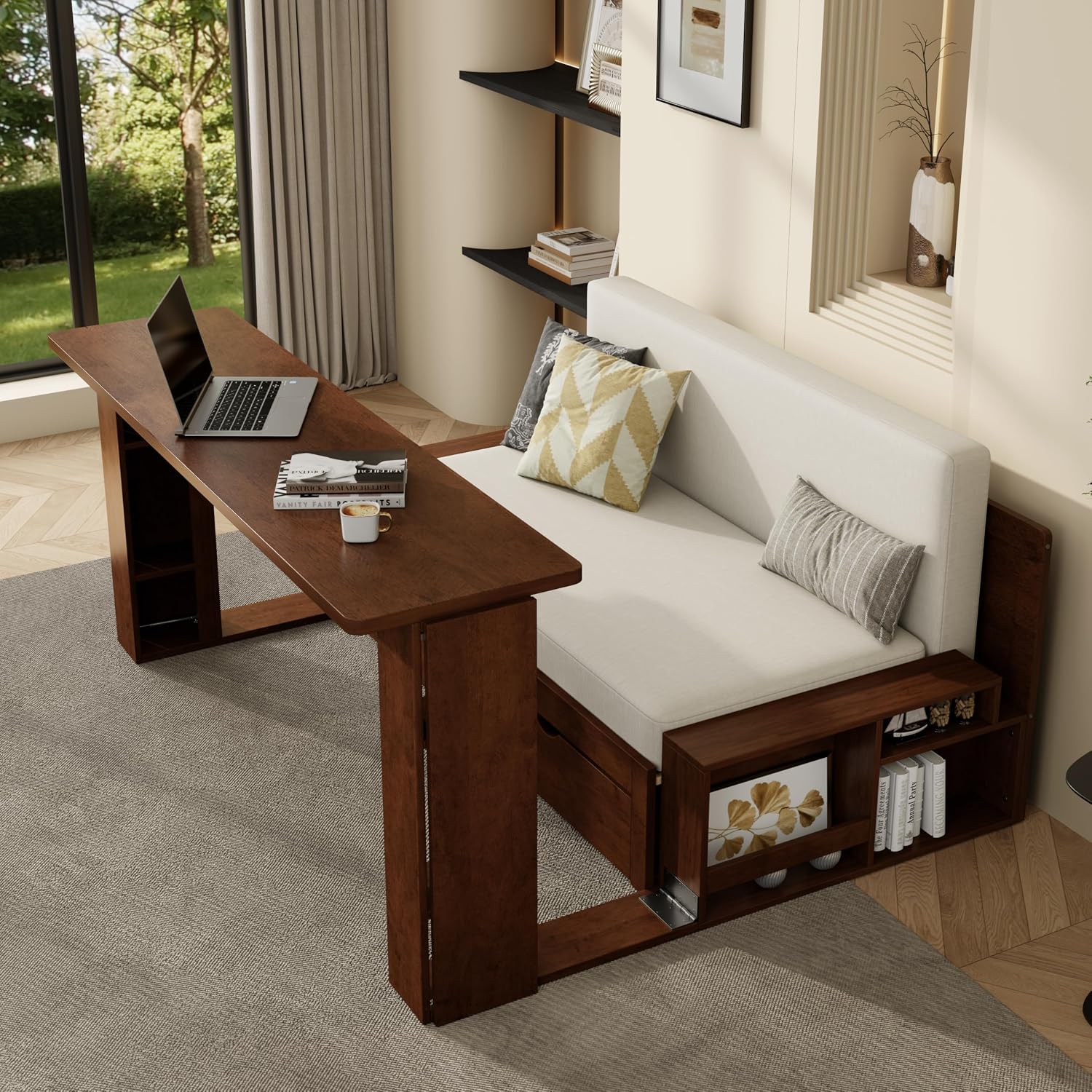Wood Daybed Full Size with Removable Desk and Extendable Armrests, 4-in-1 Multifunctional Design Daybed Sofa Bed with Storage Drawers & Hydraulic Side Table (Espresso-11.27, Full)