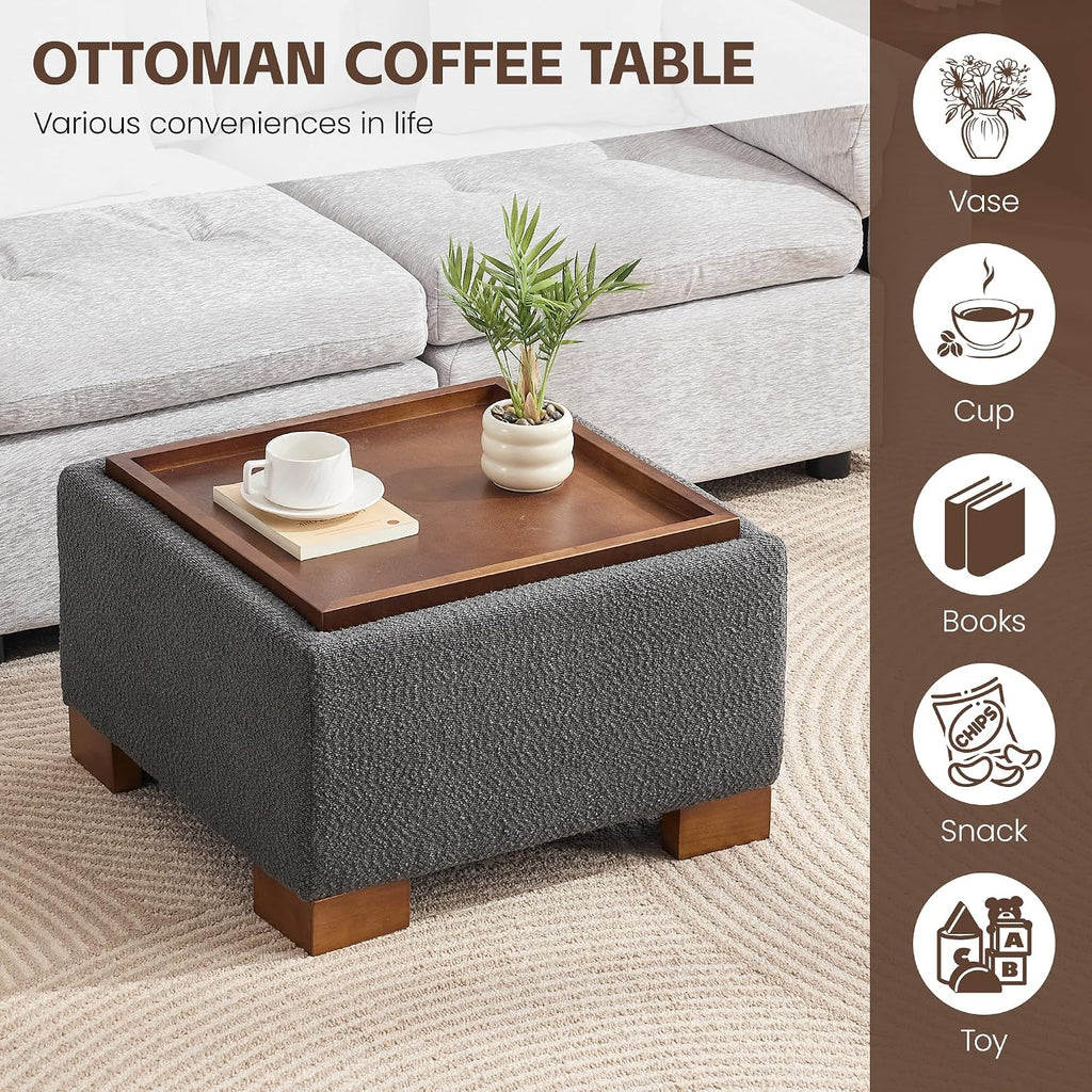 WUTUTUEE 24' Square Ottoman Coffee Table with Storage, Boucle Ottomans with Tray and Solid Wood Legs for Living Room, Bedroom and Apartments, Small Modern Ottoman Tea Table with Lift-Off Lid, Grey
