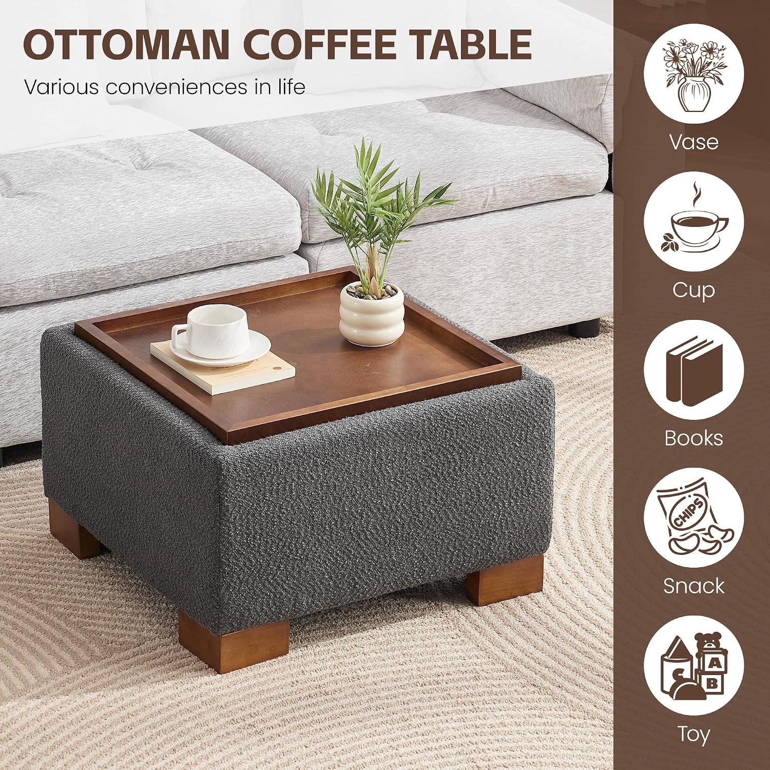 WUTUTUEE 24' Square Ottoman Coffee Table with Storage, Boucle Ottomans with Tray and Solid Wood Legs for Living Room, Bedroom and Apartments, Small Modern Ottoman Tea Table with Lift-Off Lid, Grey