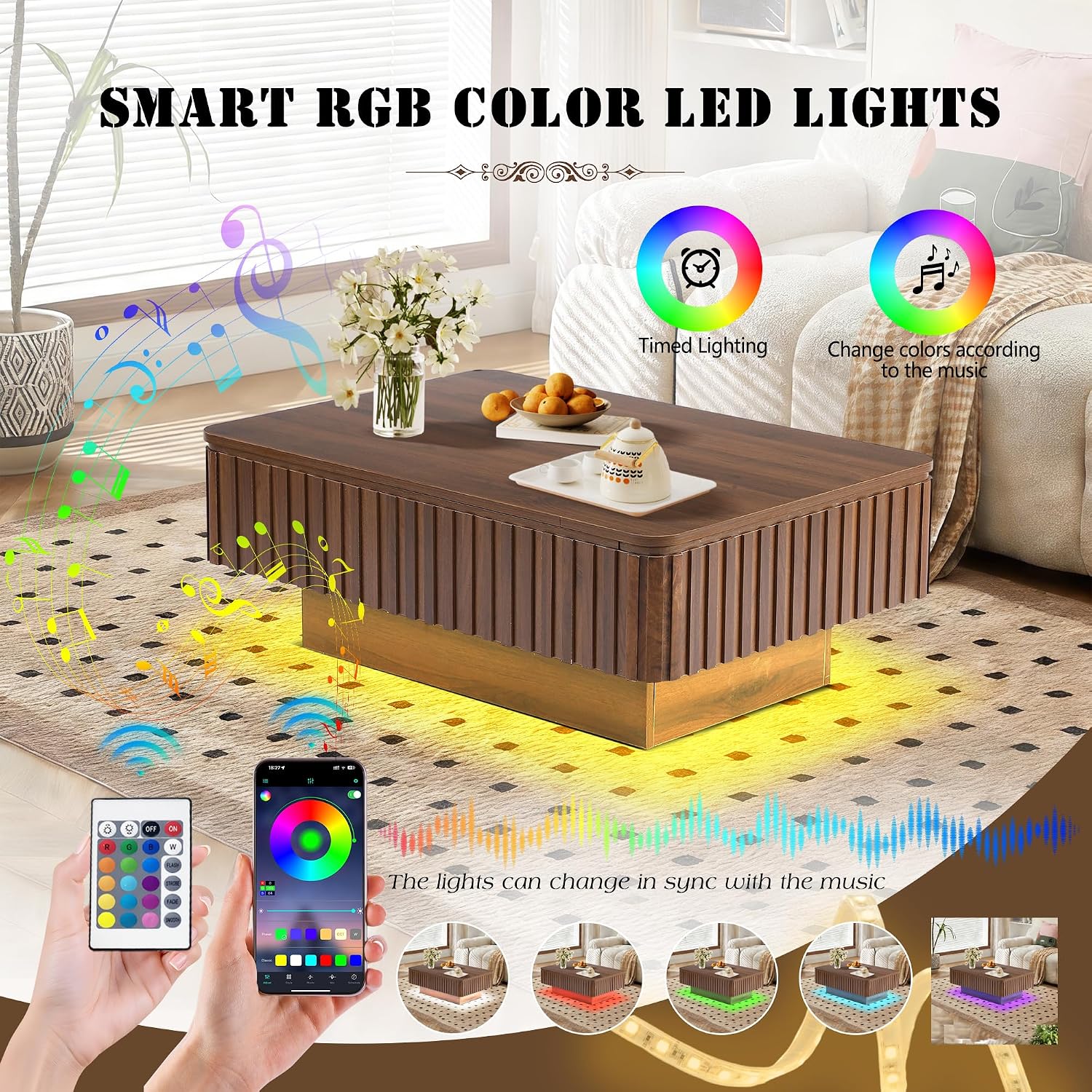 Grepatio Lift Top Coffee Table with Storage, 38' Fluted Coffee Table with RGB Led Lights, Wooden Center Tables with USB Power Outlet, Mid Century Table with Lifting Top for Living Room (Rectangle)