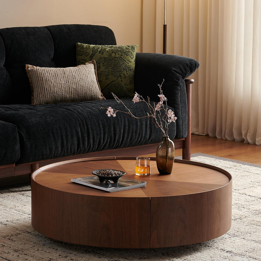 WILLIAMSPACE 39.37' Round Coffee Table with 2 Drawers Storage, Modern Circle Drum Center Table Tea Table for Living Room Apartment, No Need Assembly - Walnut