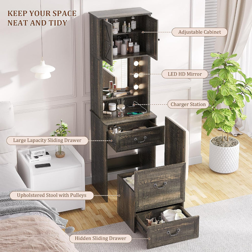 Compact Vanity with Hidden Chair, Makeup Vanity Desk with Mirror and Lights, Farmhouse Vanity Table with Storage Drawers for Bedroom, Dressing Table Gift for Girls Lady