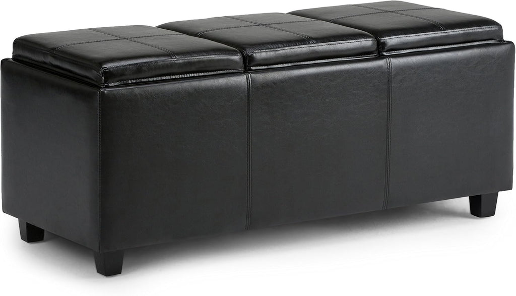 SIMPLIHOME Avalon Storage Ottoman - 42 inch Wide Upholstered Vegan Leather Rectangular Flip-Top Ottoman in Midnight Black, Contemporary Storage Coffee Table Ottoman for Living Room with Hidden Storage