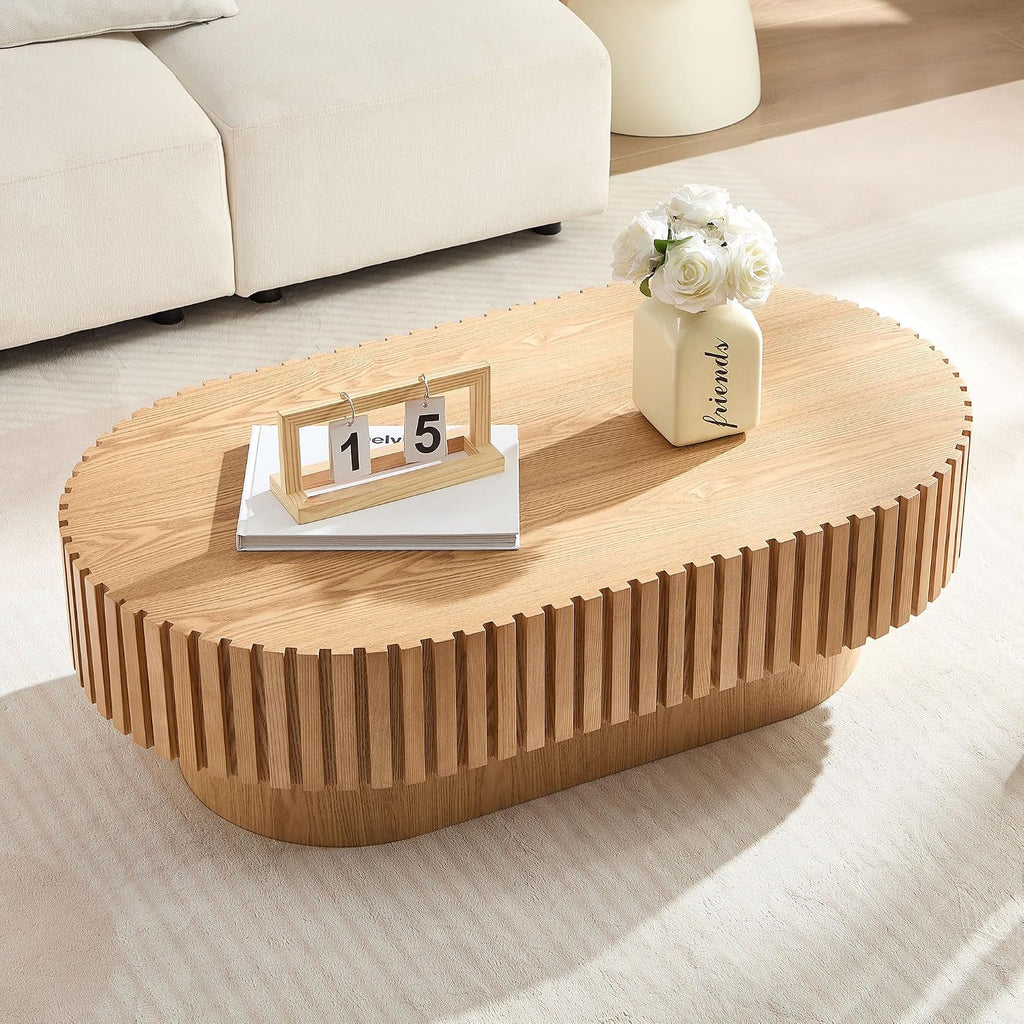 Oak Coffee Table for Living Room Oval Wooden Coffee Table with Pedestal Modern Handcrafted Centre Table Tea Table Easy Assembly 43.7'