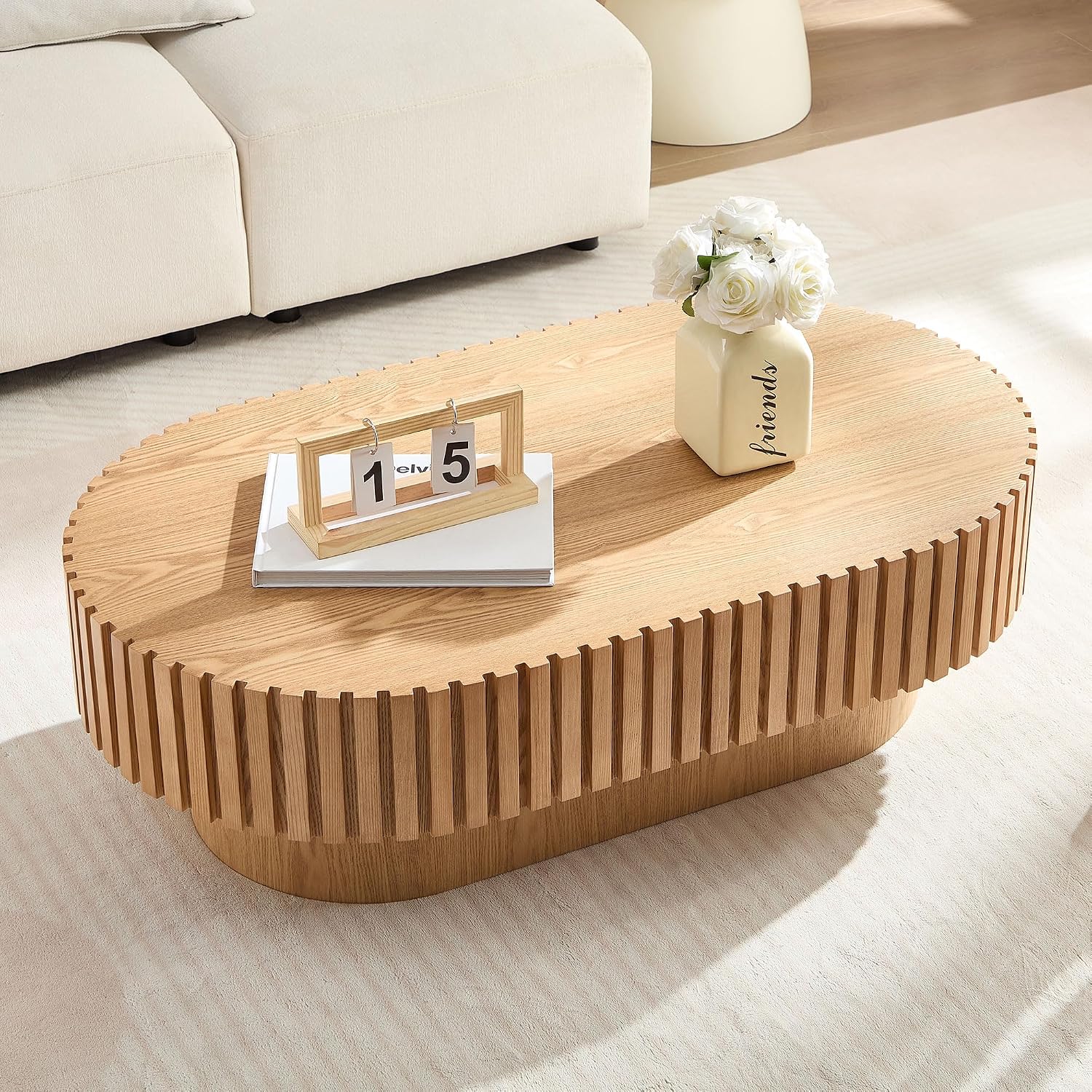 Oak Coffee Table for Living Room Oval Wooden Coffee Table with Pedestal Modern Handcrafted Centre Table Tea Table Easy Assembly 43.7'