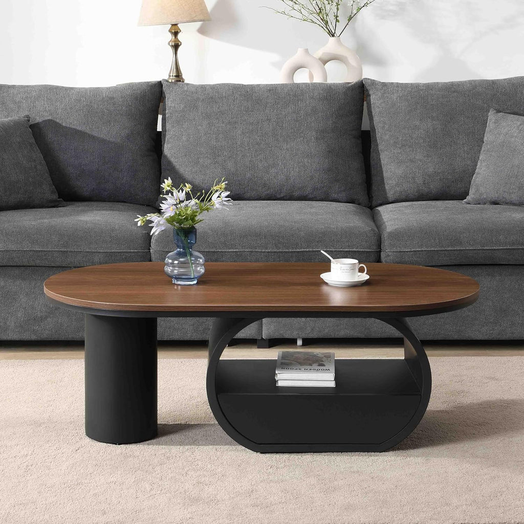 Luxury Black Oval Coffee Table, 47'' Modern Living Room Table with Storage Drawer, Rustic Walnut Top MDF, Sturdy Metal Base, Large Center Tables for Home Apartment