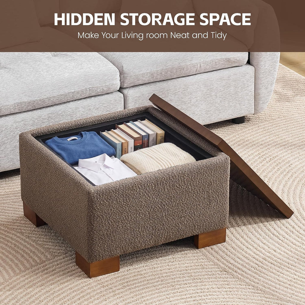 WUTUTUEE 24' Square Ottoman Coffee Table with Storage, Boucle Ottomans with Tray and Solid Wood Legs for Living Room, Bedroom and Apartments, Small Modern Ottoman Tea Table with Lift-Off Lid, Brown