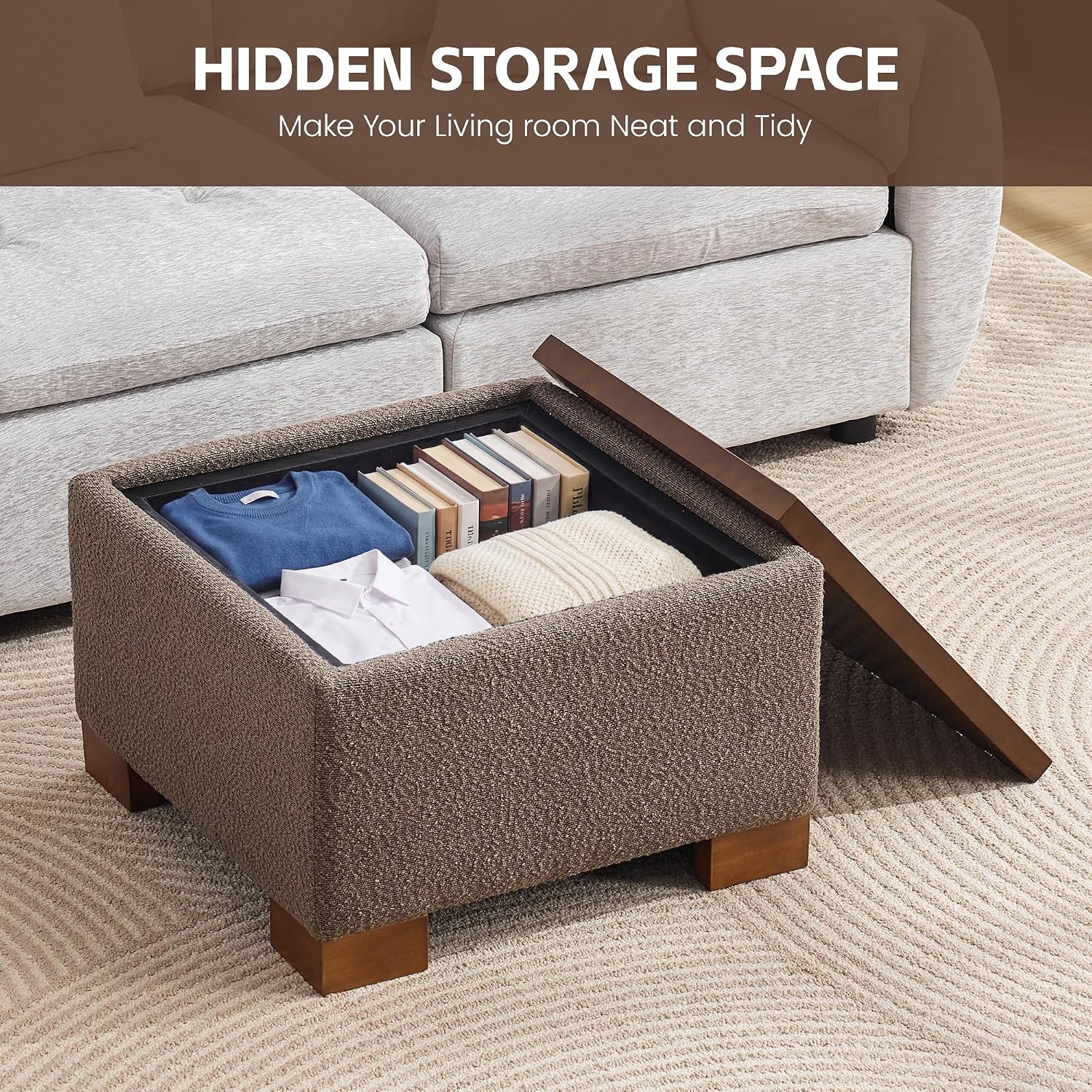 WUTUTUEE 24' Square Ottoman Coffee Table with Storage, Boucle Ottomans with Tray and Solid Wood Legs for Living Room, Bedroom and Apartments, Small Modern Ottoman Tea Table with Lift-Off Lid, Brown