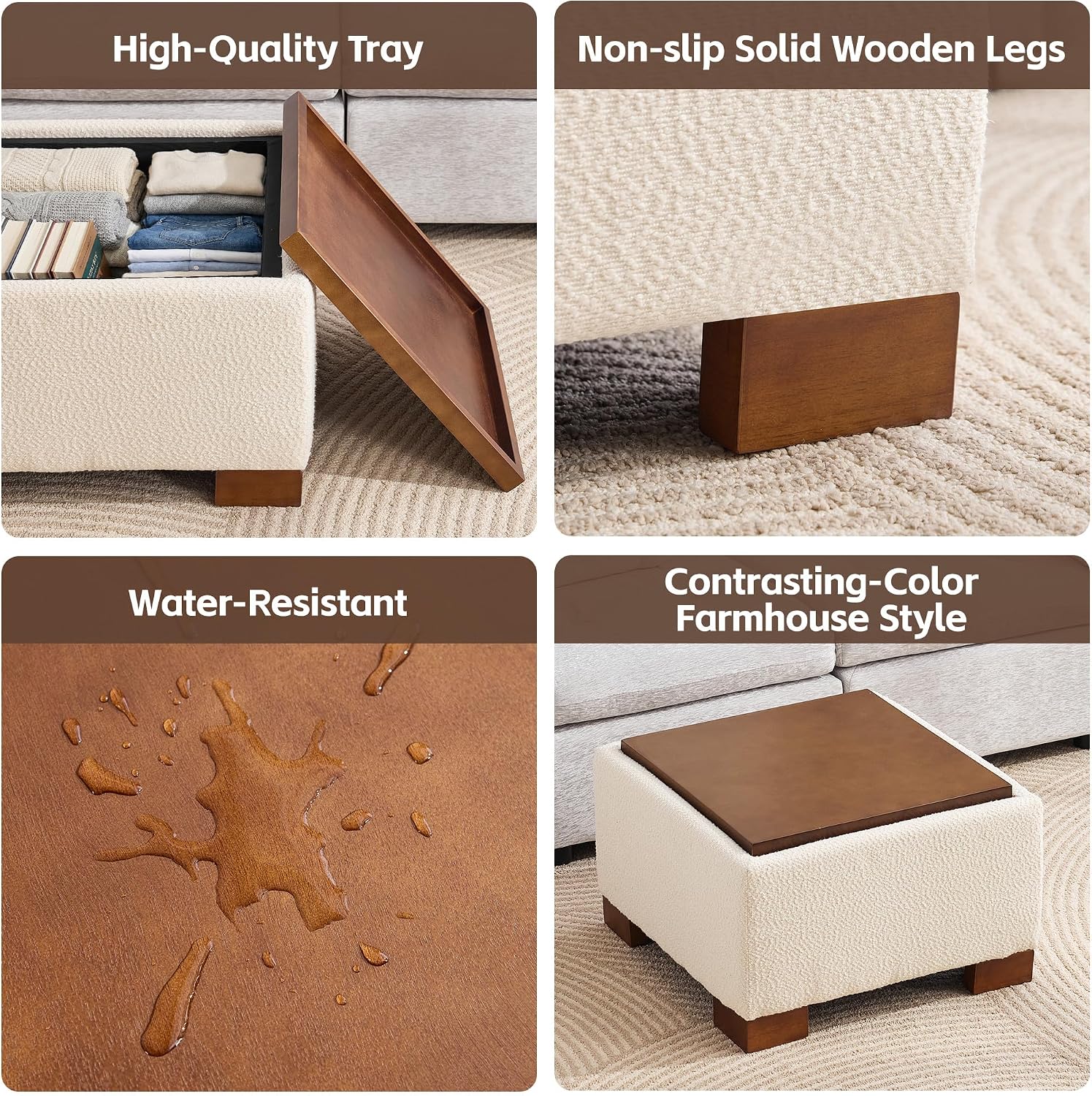 WUTUTUEE 24' Square Ottoman Coffee Table with Storage, Boucle Ottomans with Tray and Solid Wood Legs for Living Room, Bedroom and Apartments, Small Modern Ottoman Tea Table with Lift-Off Lid, Beige