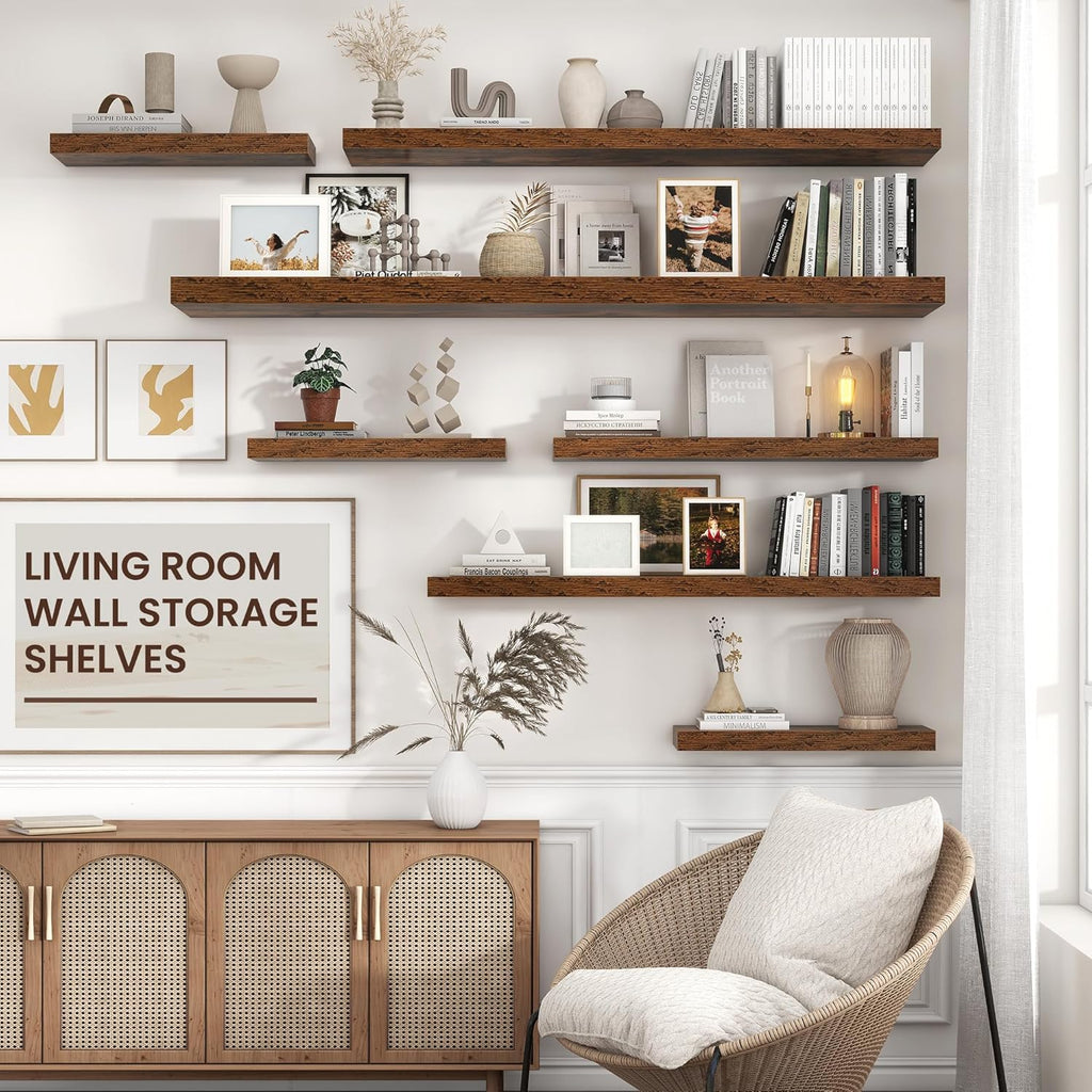 Floating Shelf for Wall 71 inch Long, Engineered Wood Large Wall Shelves with Invisible Brackets for Living Room Bedroom Bathroom Office Kitchen Decor and Storage, Rustic Brown Finish, Set of 1