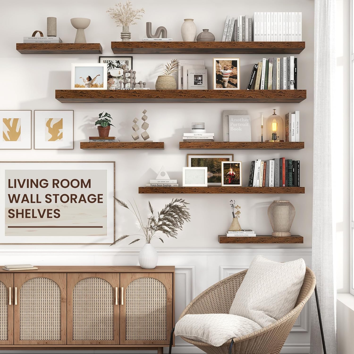 Floating Shelf for Wall 71 inch Long, Engineered Wood Large Wall Shelves with Invisible Brackets for Living Room Bedroom Bathroom Office Kitchen Decor and Storage, Rustic Brown Finish, Set of 1