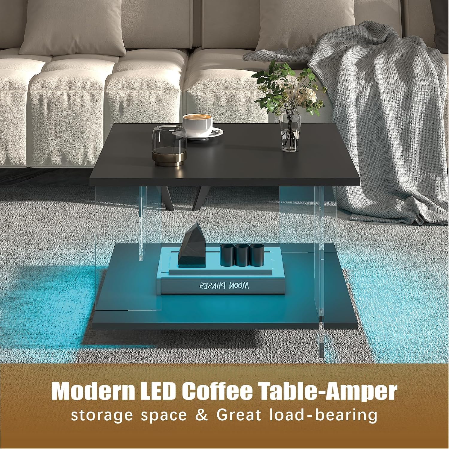 HedoAjim 24' Acrylic Coffee Table with Black Wood Tabletop, Minimalist Stylish Modern Square Center Table for Living Room,Led Living Room Table with Storage Shelf & Acrylic Frame for Small Space