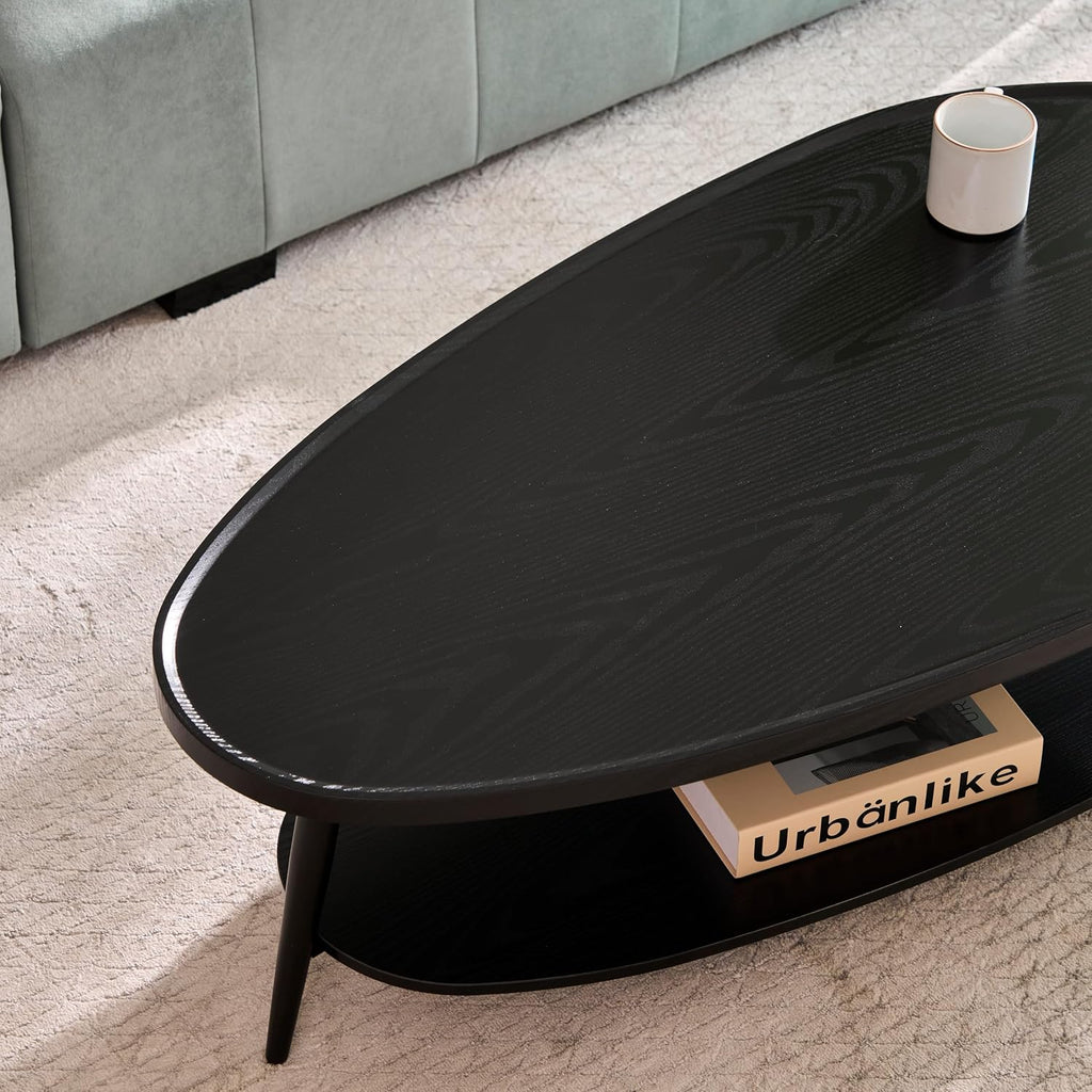 AGV Oval Coffee Table with Storage Shelf 47' Mid Century Modern Coffee Table,Black Wood Finish MDF Top with Black Metal Legs for Living Room,Office or Small Space