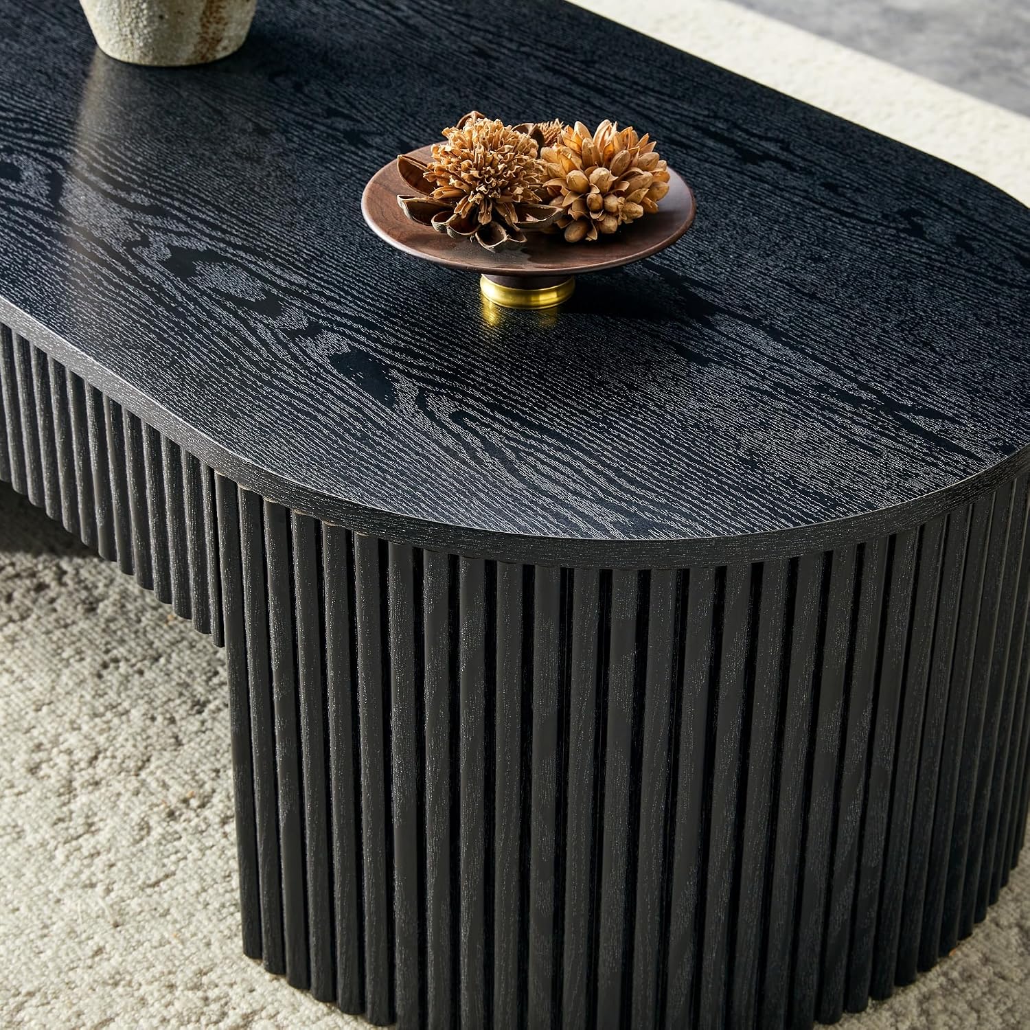 LKTART Black Coffee Table Oval, 47.5' Fluted Wood Coffee Table with Drawer, Mid Century Modern Center Tables for Living Room Bedroom Office, Black