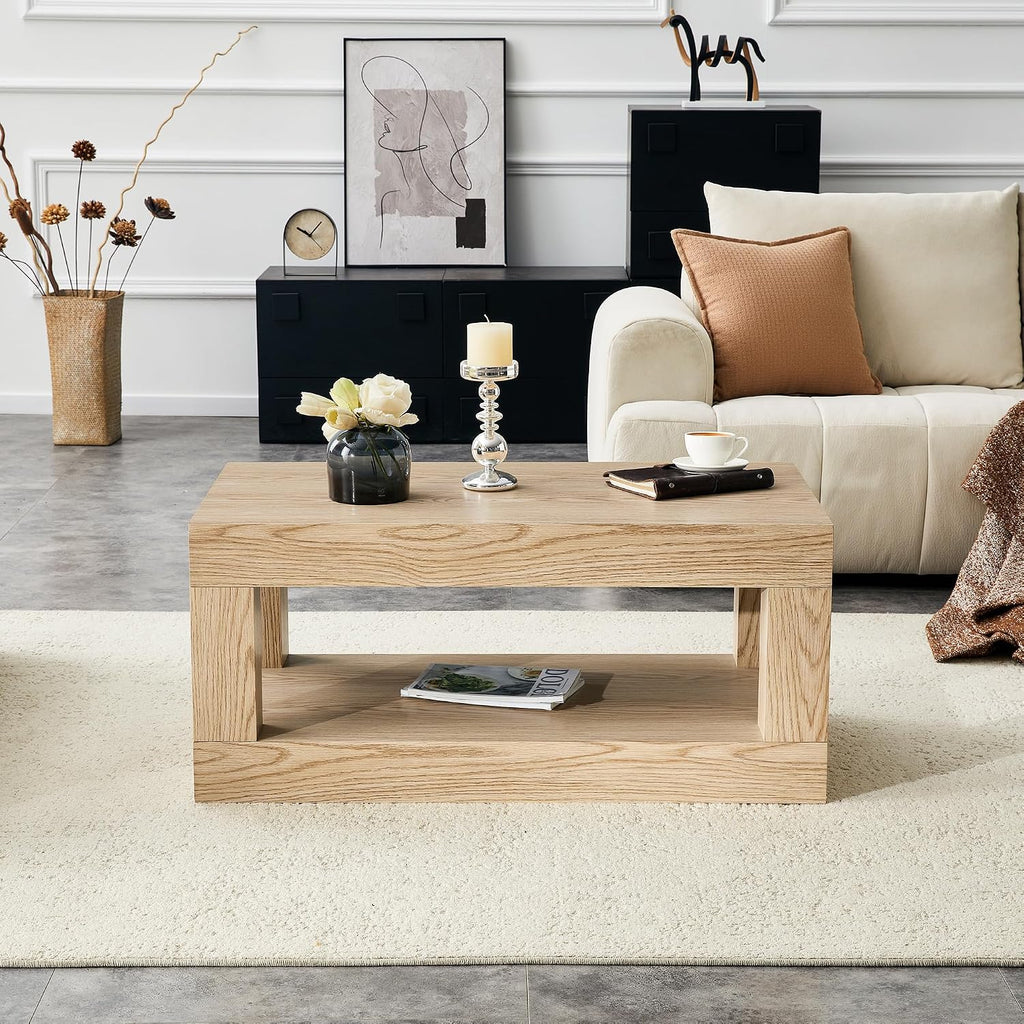 39.4' Coffee Table with Storage, 2-Tier Wood Coffee Table with 4' Thick Tabletop, Mid Century Modern Cocktail Center Tea Tables with Bottom Shelf for Living Room, Office, Apartment,Light Wood