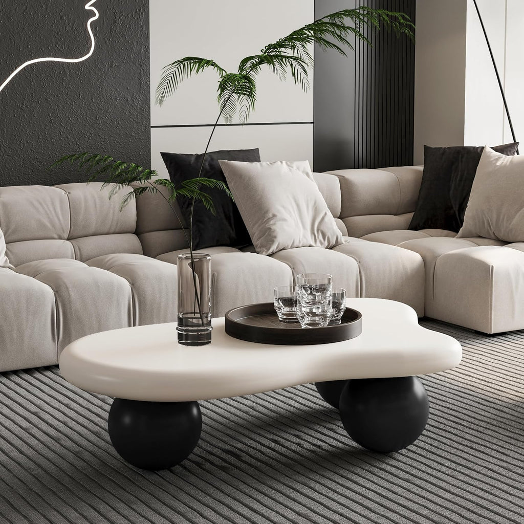 40' Cloud Coffee Table for Living Room Irregular Coffee Table Modern Low Coffee Tables Cute Small Center Table with 3 Ball Legs for Small Space Apartment White & Black