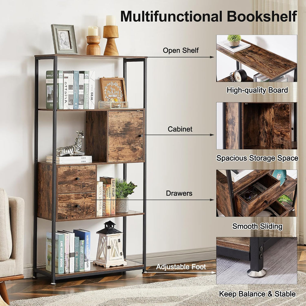VECELO 5 Tier Bookshelf,62inch Height Bookcase with 2 Storage Drawers and 1 Cabinet, Wooden Shelves with Metal Frame,Open Book Shelves Standing Shelf Unit for Living Room, Bedroom,Office