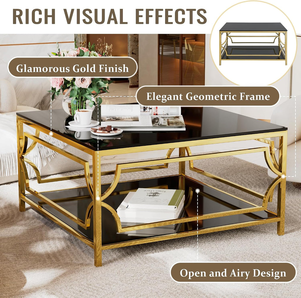 Merax 33.5' Square Glass Coffee Table, Luxurious Geometric Metal Frame, Gold Finish & Lower Shelf, for Living Room Apartment, Black