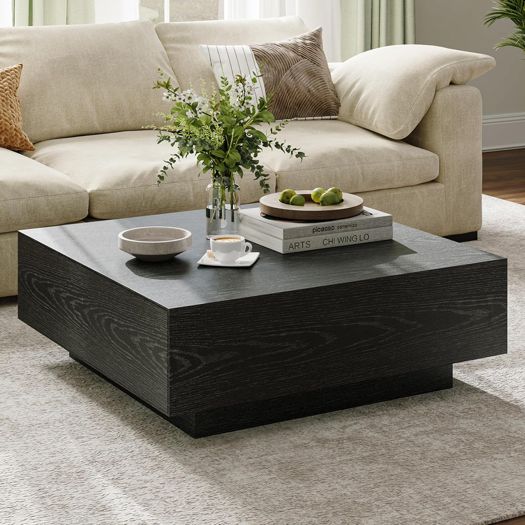 POVISON Modern Square Coffee Table with Drawers, 39.37' Wood Coffee Table for Living Room Home Office, Fully-Assembled Black