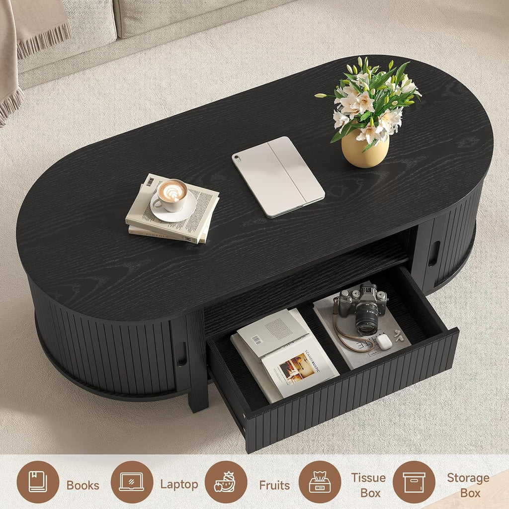 47.2' Fluted Coffee Table, Oval Coffee Table with 1 Drawer and 1 Open Shelf, Mid-Century Modern Center Tables with Storage and Sliding Doors, Coffee Tables for Living Room, Black