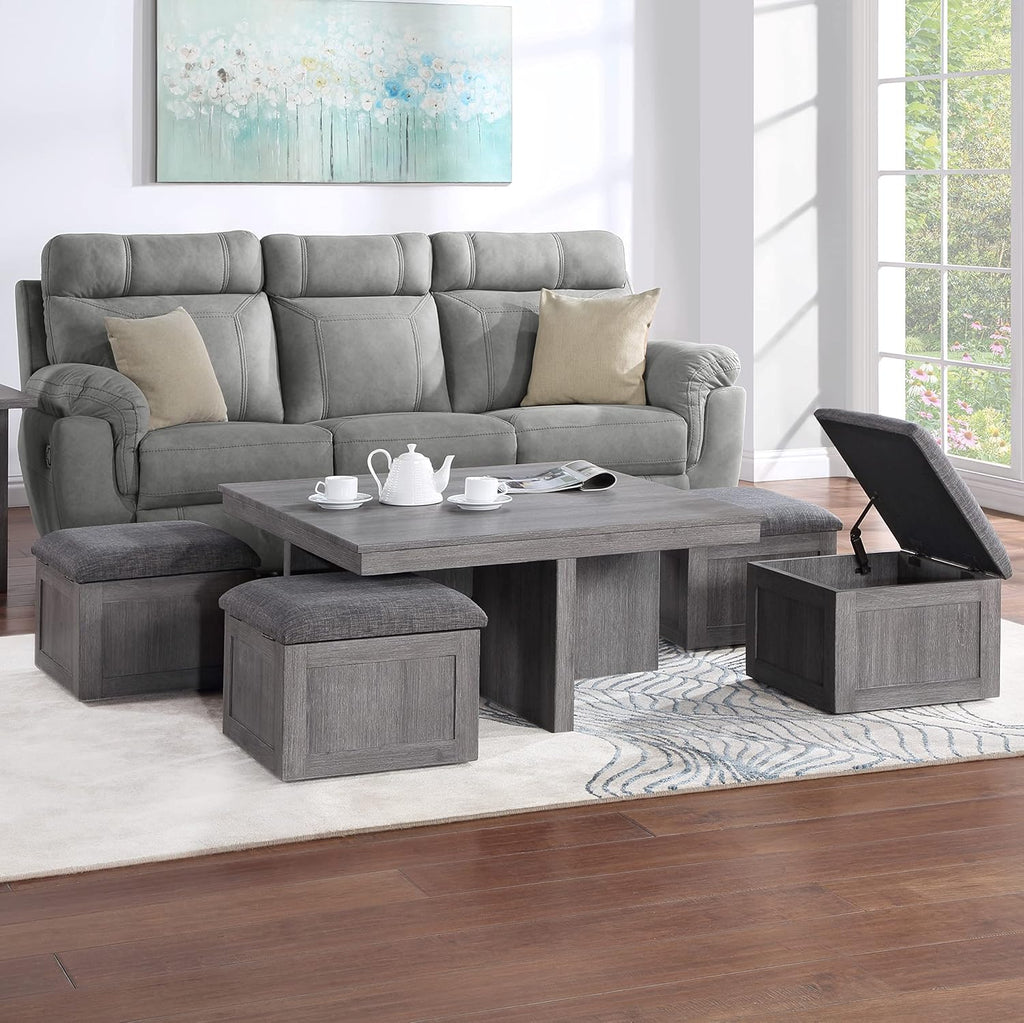 Lilola Home Moseberg 38' W Distressed Gray Square Coffee Table with Faux Concrete Top – Industrial Modern Living Room Centerpiece with Storage Stools