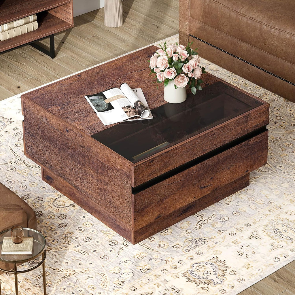 WAMPAT Modern TV Stand and Coffee Table Set of 2, Storage Entertainment Center for TVs Up to 100 inch, Square Center Table with Tempered Glass and Storage Drawers for Living Room, Brown