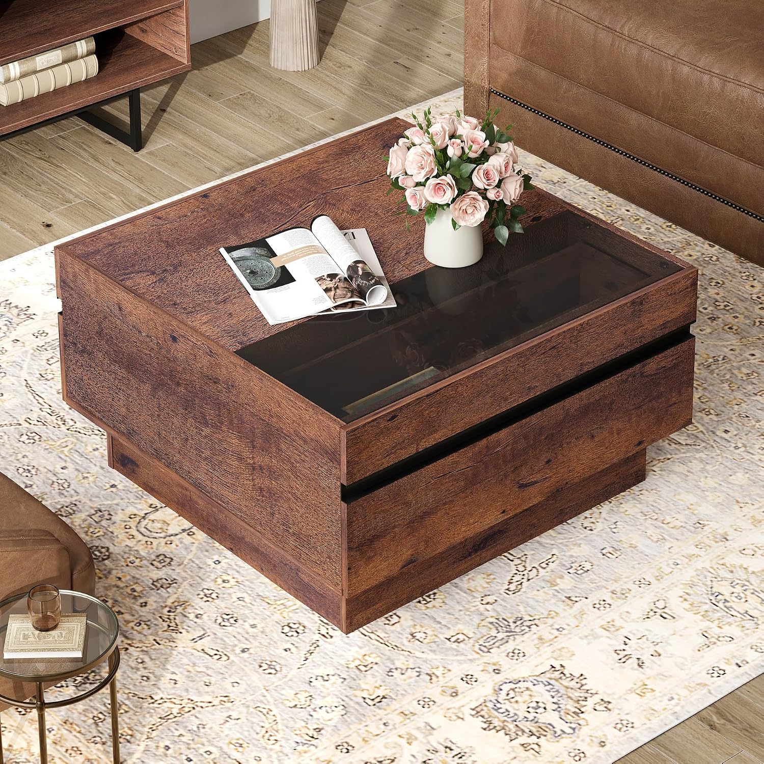WAMPAT Modern TV Stand and Coffee Table Set of 2, Storage Entertainment Center for TVs Up to 100 inch, Square Center Table with Tempered Glass and Storage Drawers for Living Room, Brown