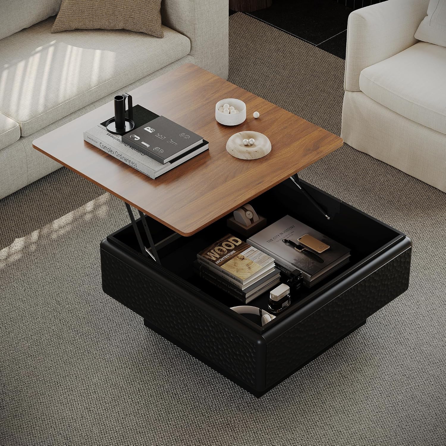 SSLine Lift-Top Coffee Table with Storage, 31.5' Square Coffee Table for Living Room Bedroom, Modern Rustic Lift Brown Wooden Top Center Tables with Hammered Texture Black Frame