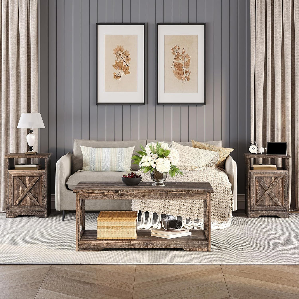 LUXOAK 3-Piece Farmhouse Living Room Table Sets, Includes 1 x Coffee Table, 2 x End Tables with Charging Station & USB Ports, Rustic Coffee Table Set of 3, Black Oak