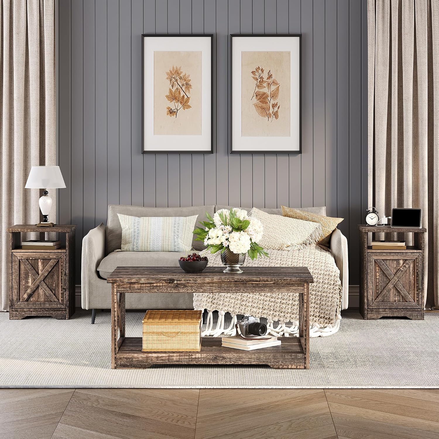 LUXOAK 3-Piece Farmhouse Living Room Table Sets, Includes 1 x Coffee Table, 2 x End Tables with Charging Station & USB Ports, Rustic Coffee Table Set of 3, Black Oak
