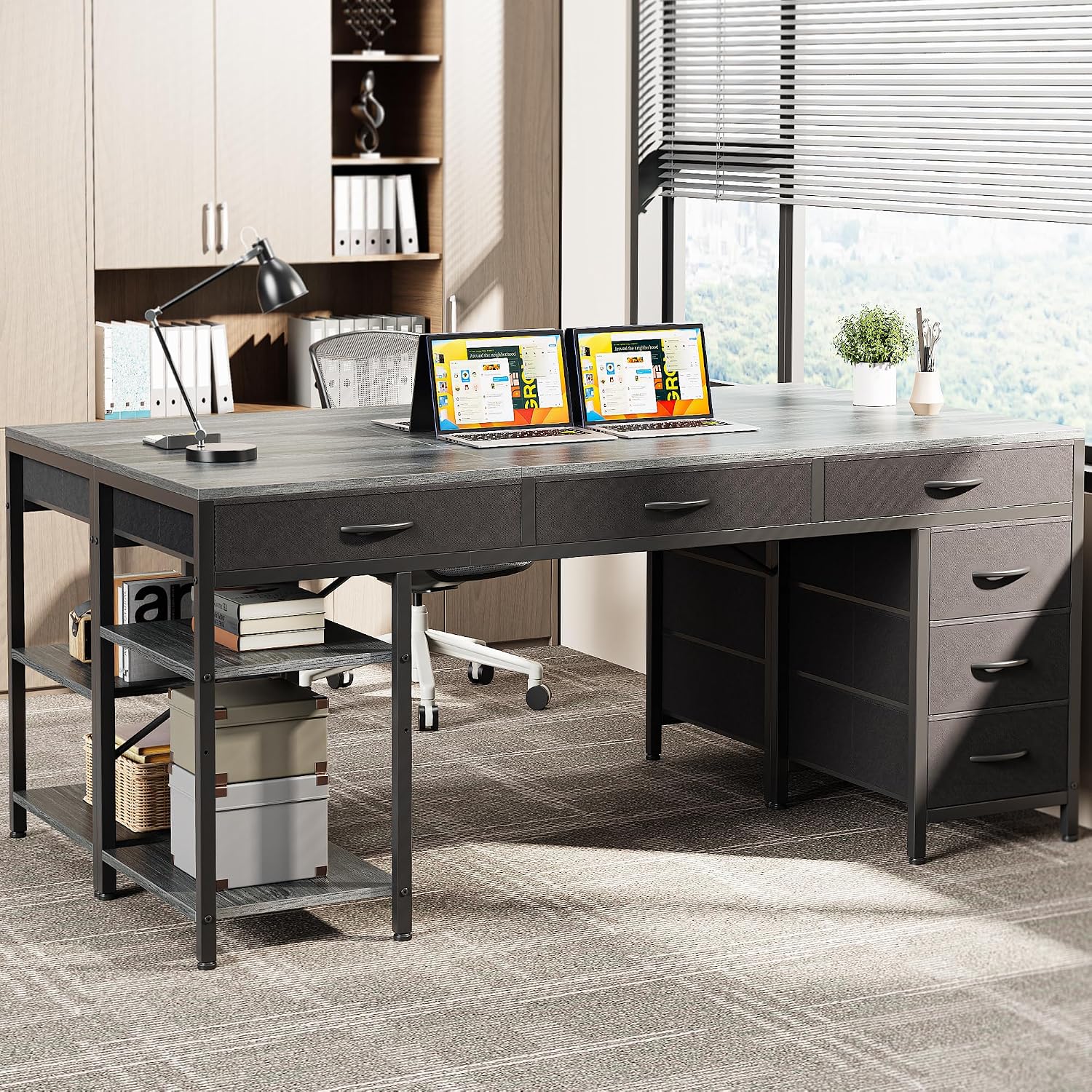 Huuger Computer Desk with 6 Drawers, Office Desk with Shelves, Reversible Gaming Desk, Corner Desk with Storage, Work for Home Office, Study, Living Room, 63inch, Grey