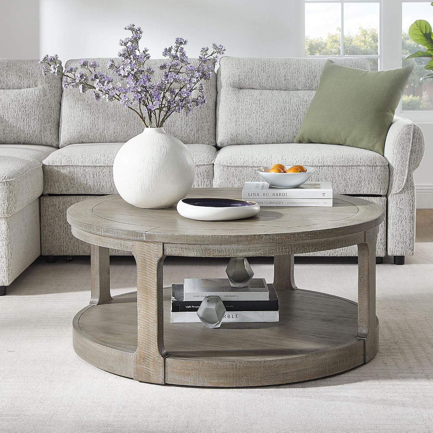 WILLIAMSPACE 40' Round Coffee Table with Wheels, Circle 2 Tier Solid Wood Center Coffee Table, Mid Century Retro Farmhouse Rounded End Table for Living Room Apartment, ø40 x 17.52' H (Light Brown)