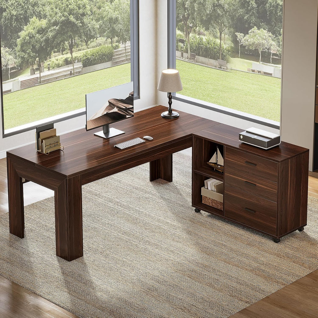 Tribesigns 63' L Shaped Desk with Storage, Executive Office Desk with Mobile Lateral File Cabinet Combo, Large Computer Table with Drawers and Shelves, Business Furniture Set for Home Office, Walnut